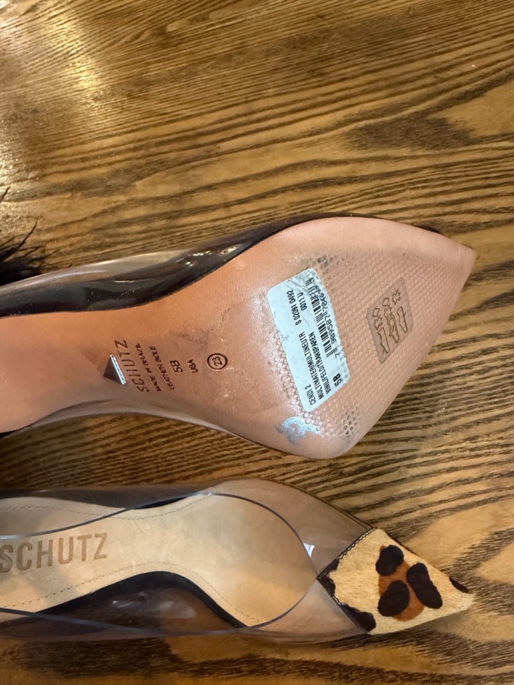 SCHUTZ Leopard Accent Pointed Toe Pumps with Clear Panels - Picture 5 of 6